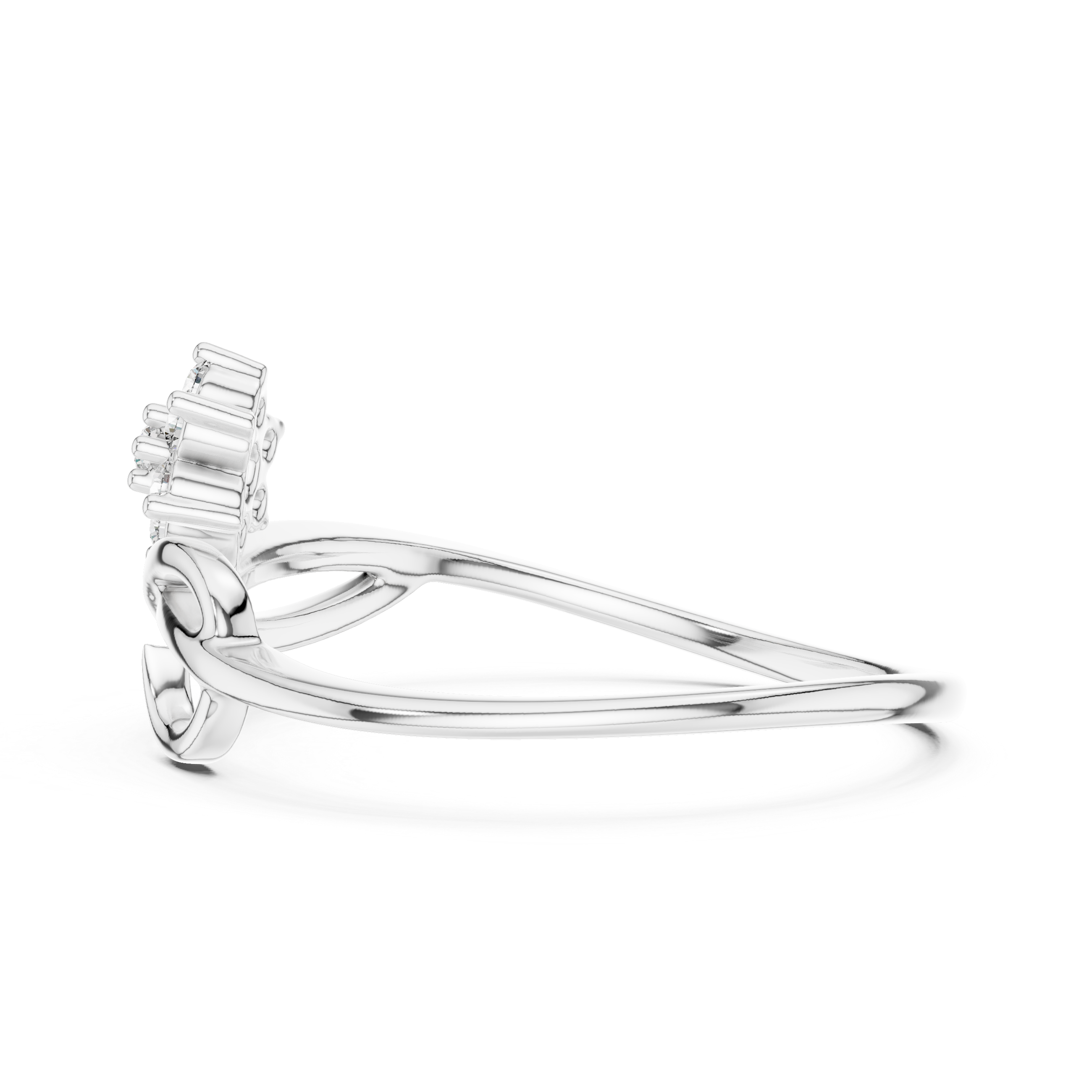 White gold infinity promise ring, side view with prong-set stones at the top
