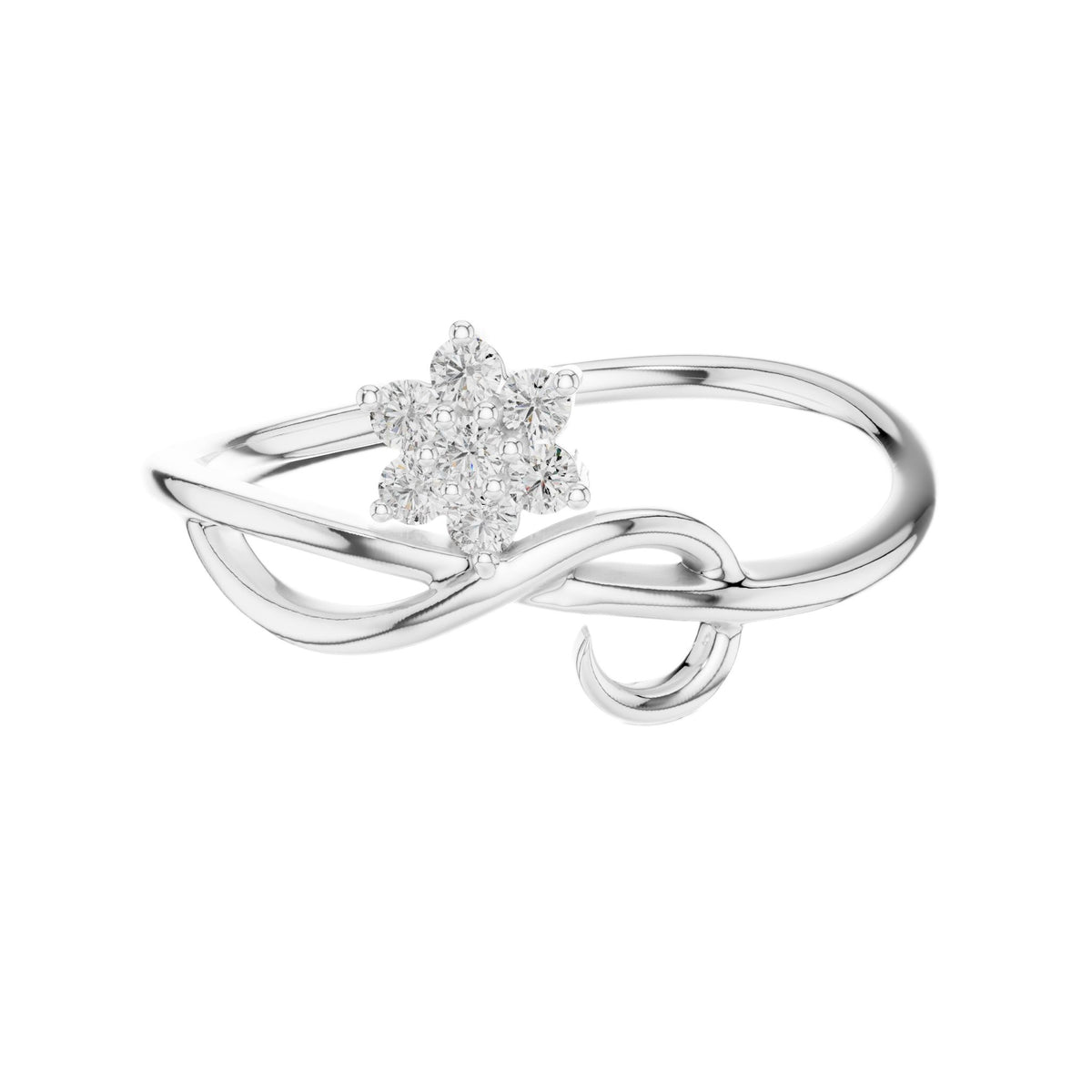 White gold infinity promise ring with pear center stone and round halo accents