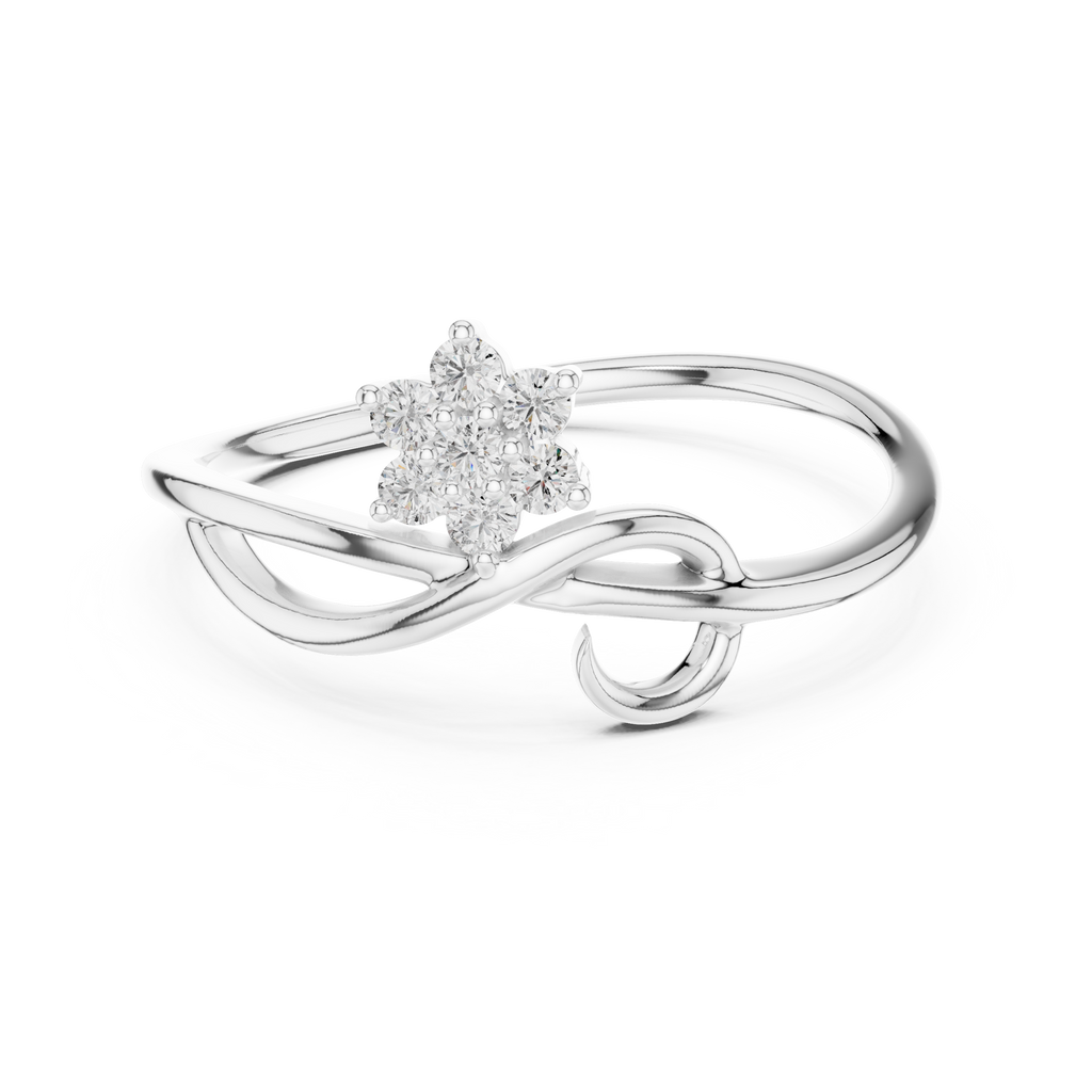 White gold infinity promise ring with pear center stone and round halo accents