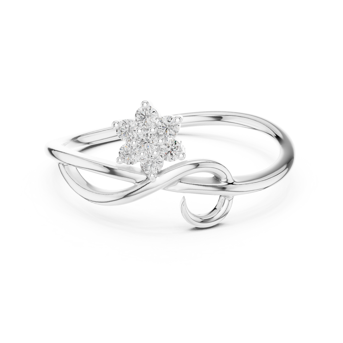 White gold infinity promise ring with pear center stone and round halo accents