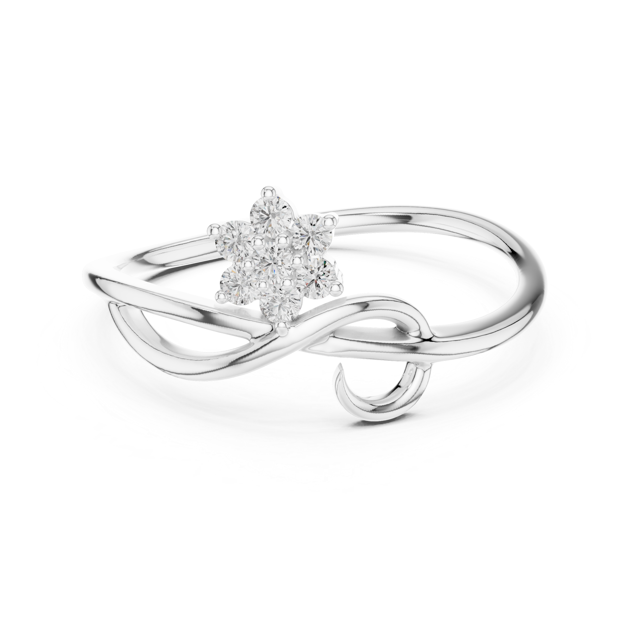 White gold infinity promise ring with pear center stone and round halo accents
