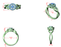 Intertwined halo engagement ring, green metal 3D render with round center stone