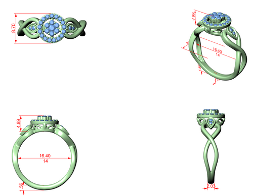 Intertwined halo engagement ring, green metal 3D render with round center stone