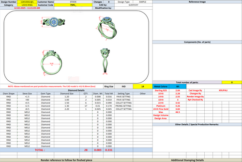 Engagement ring design sheet with ring views and size/dimension annotations