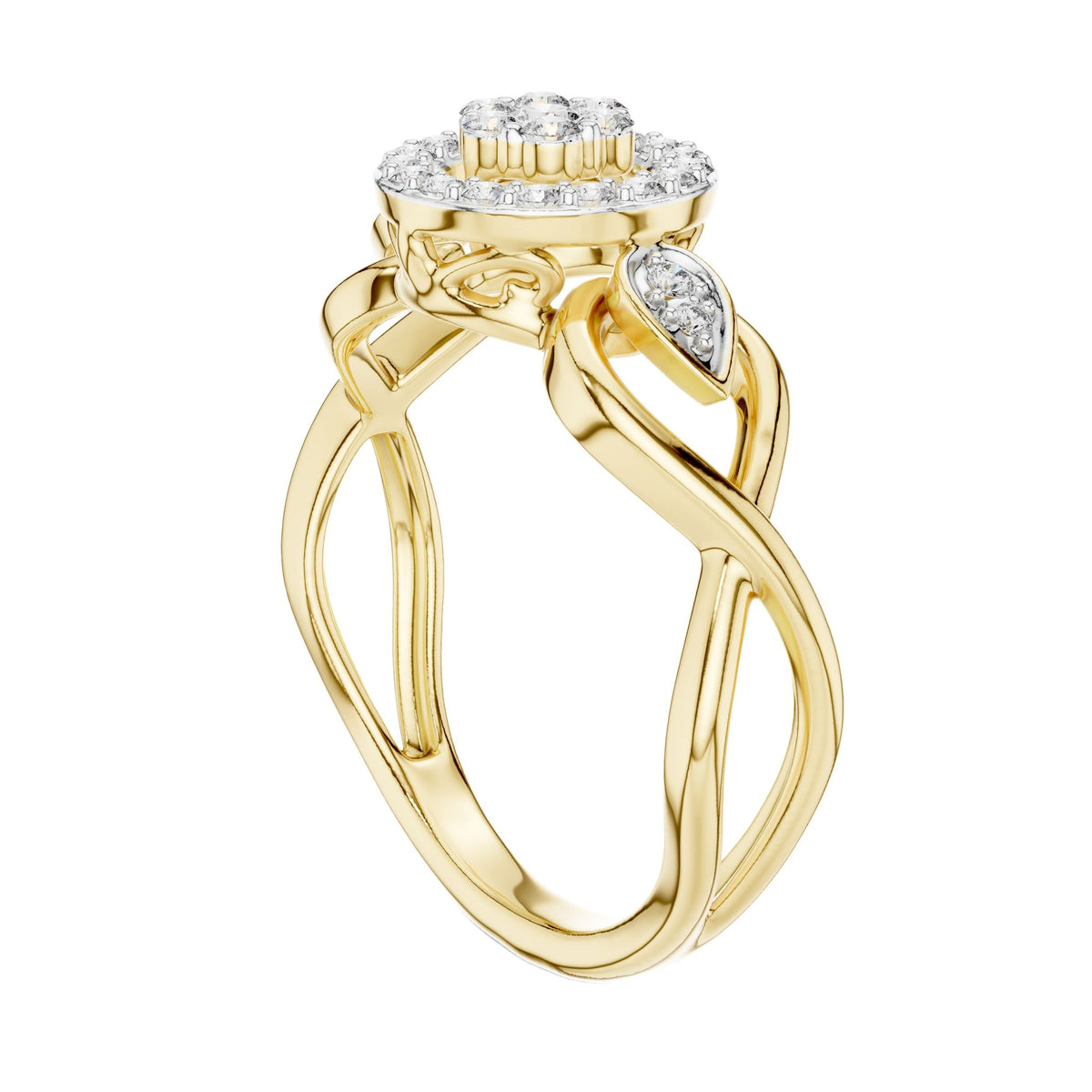 Yellow gold radiant halo engagement ring with round diamond-style stones, intertwined bands