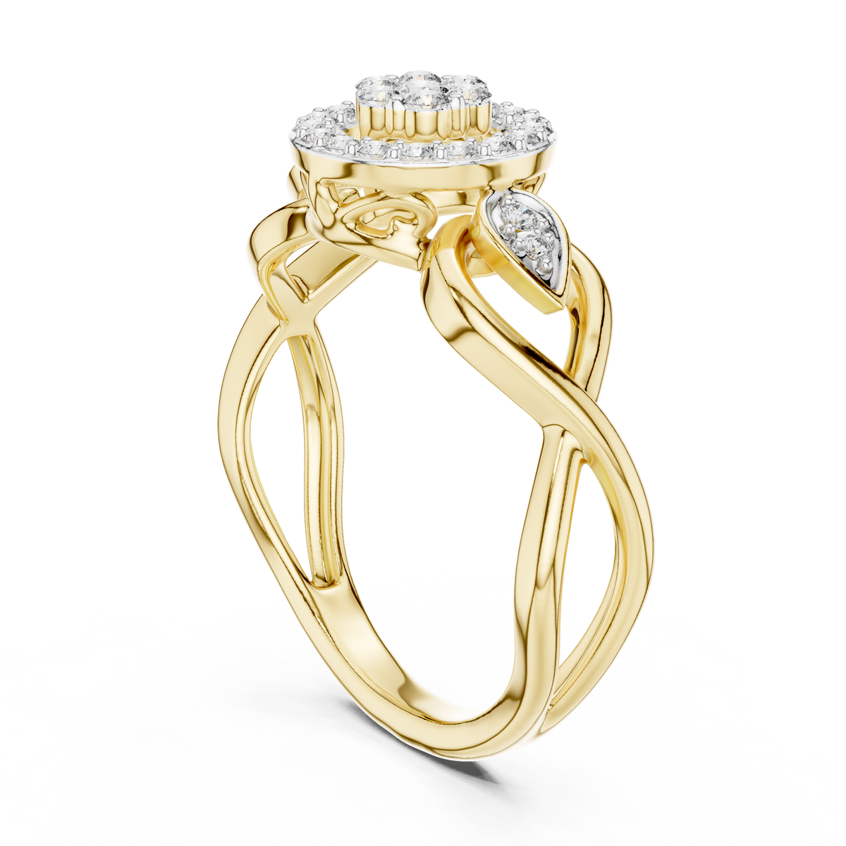 Yellow gold radiant halo engagement ring with round diamond-style stones, intertwined bands