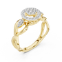 Yellow gold halo engagement ring with round center stone, diamond-style side stones