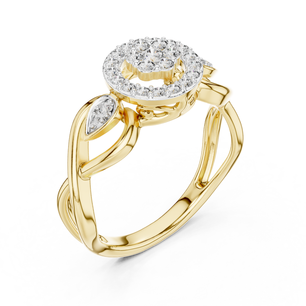 Yellow gold halo engagement ring with round center stone, diamond-style side stones