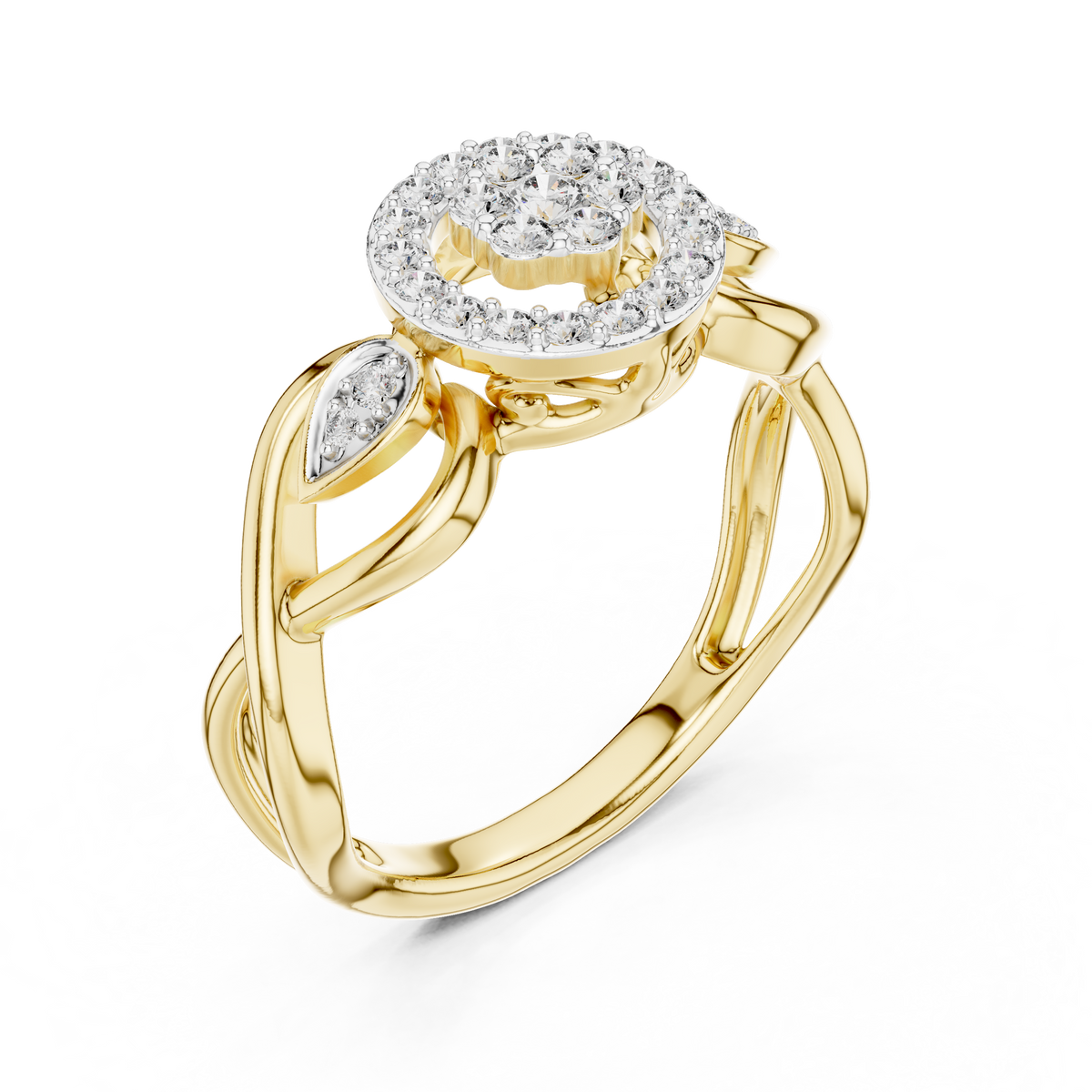 Yellow gold halo engagement ring with round center stone, diamond-style side stones