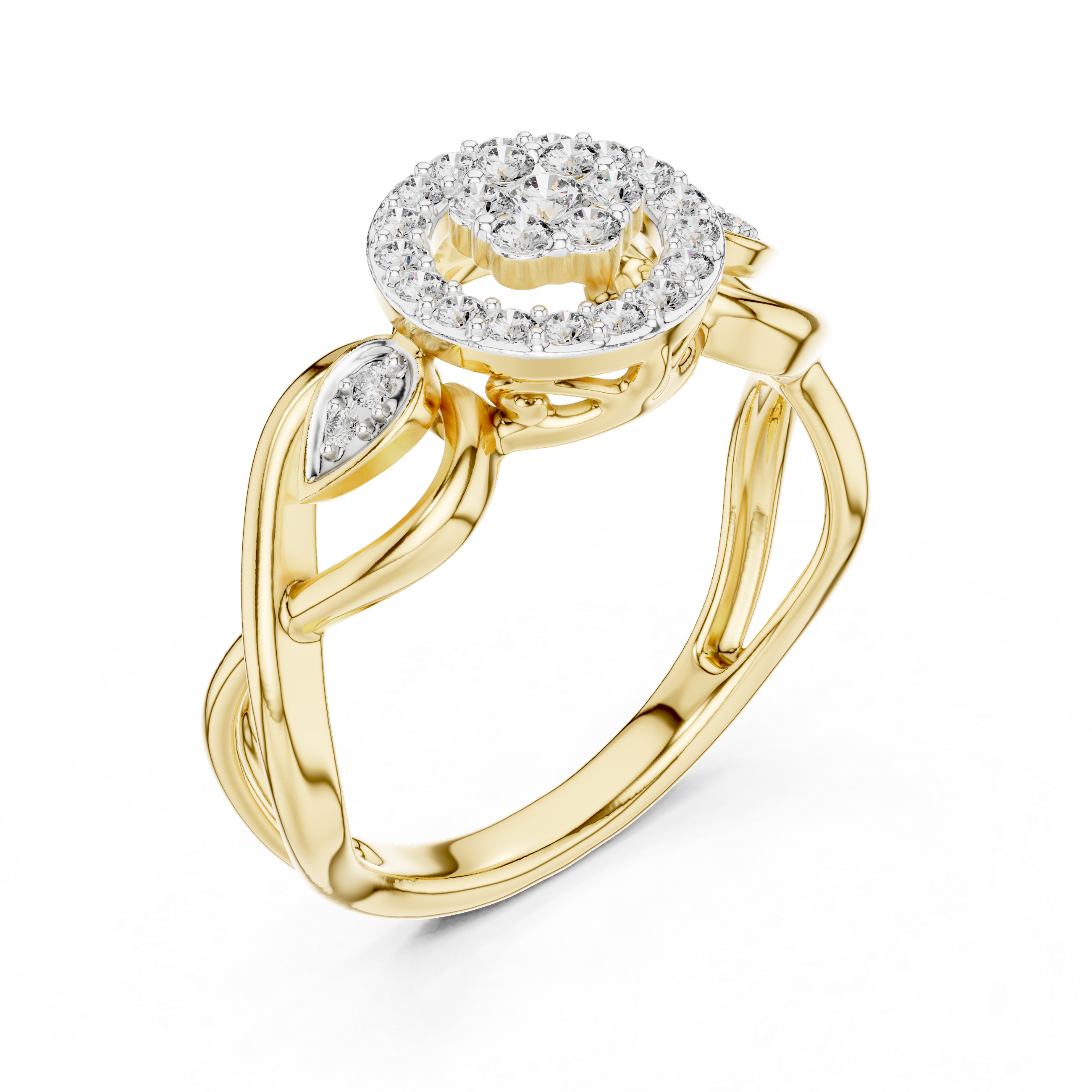 Yellow gold halo engagement ring with round center stone, diamond-style side stones