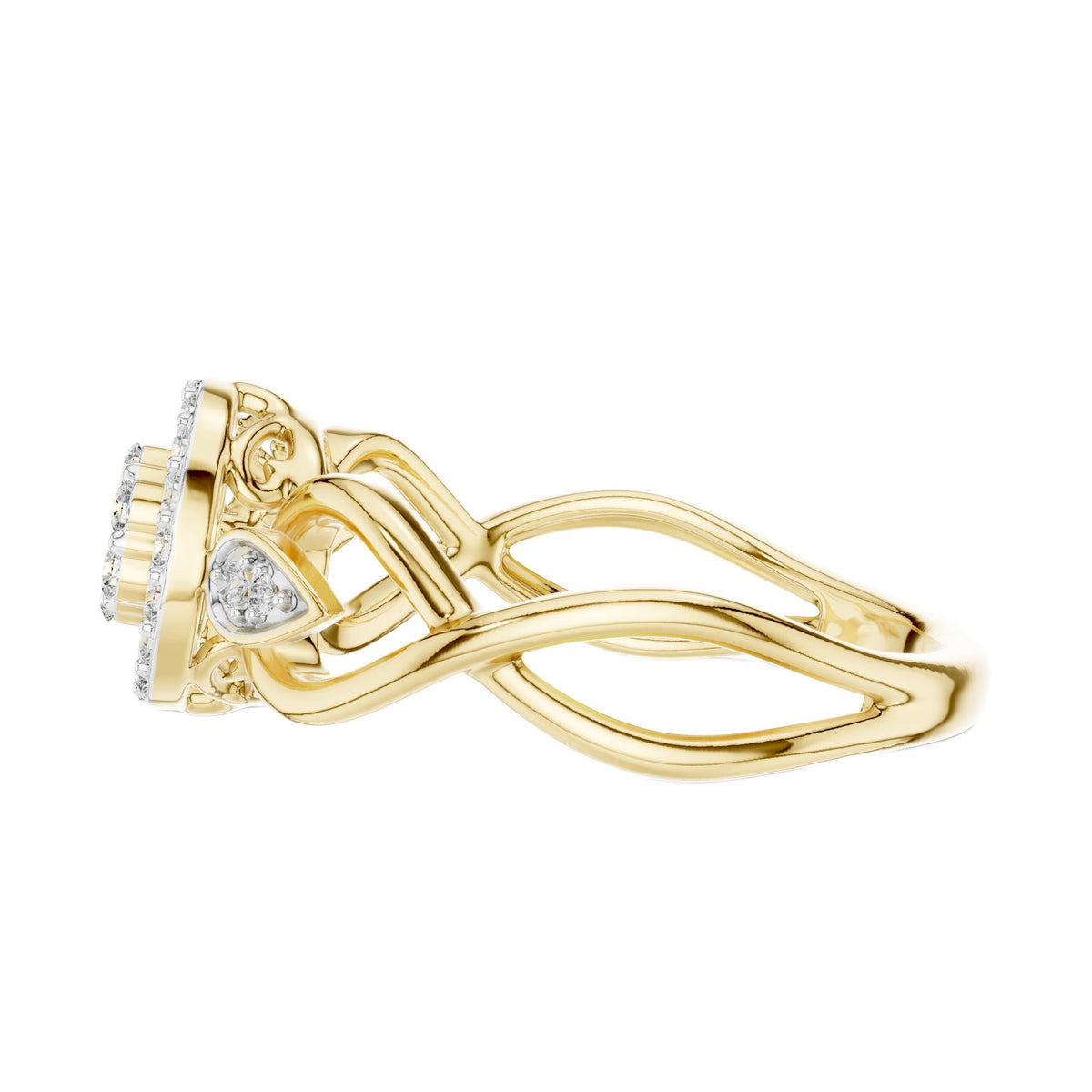 Yellow gold engagement ring with round halo and slender openwork intertwined shank