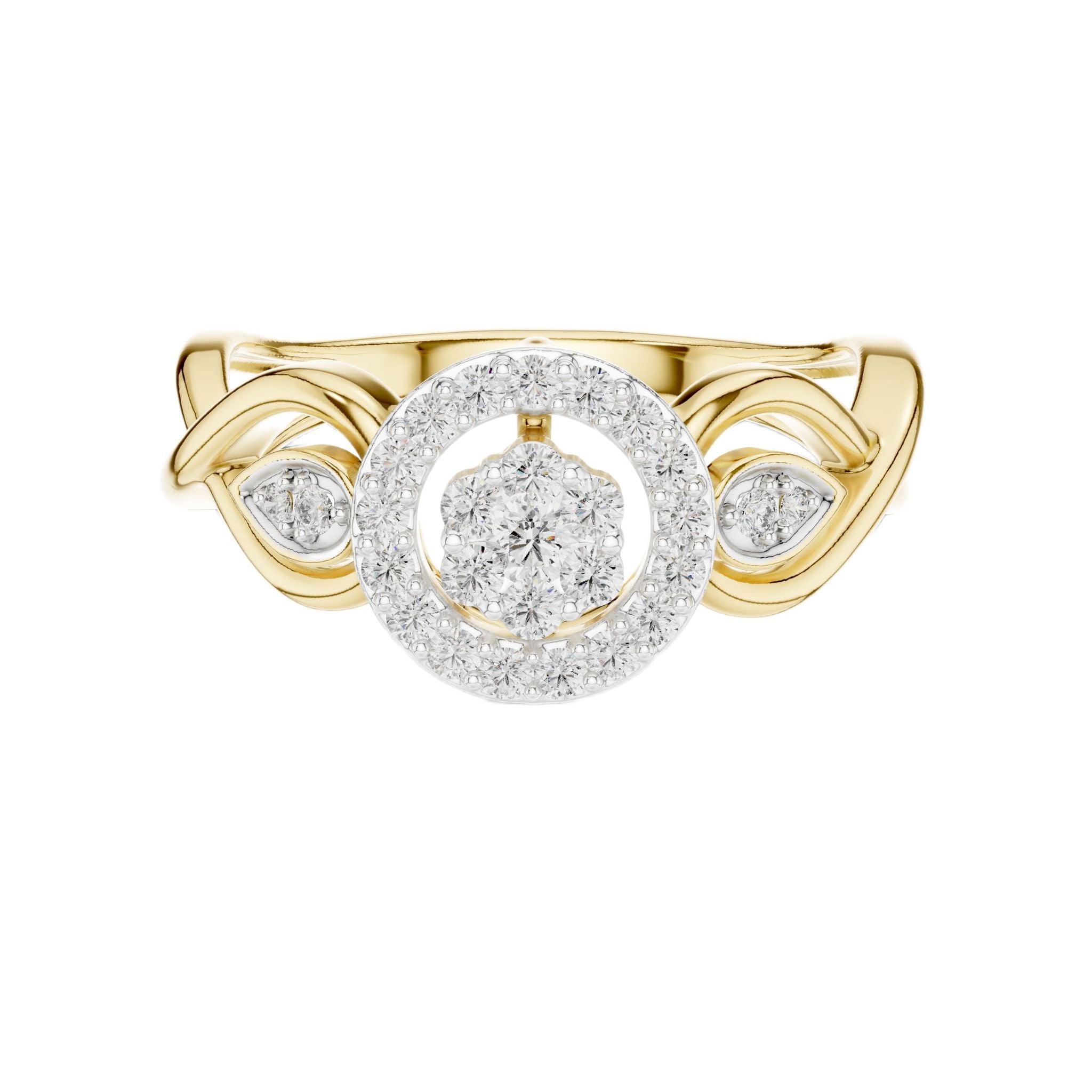 Yellow gold engagement ring with round halo center stone and diamond-style accents