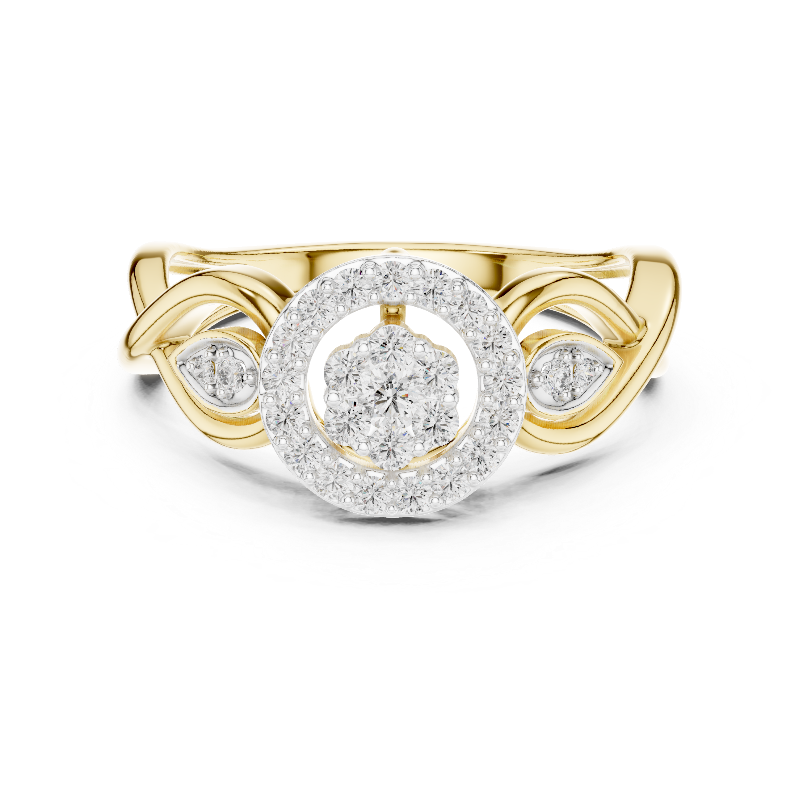 Yellow gold engagement ring with round halo center stone and diamond-style accents