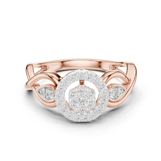 Rose gold radiant halo engagement ring with round center stone and side diamonds