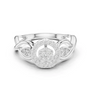 White gold radiant halo engagement ring with round center diamond and two side stones