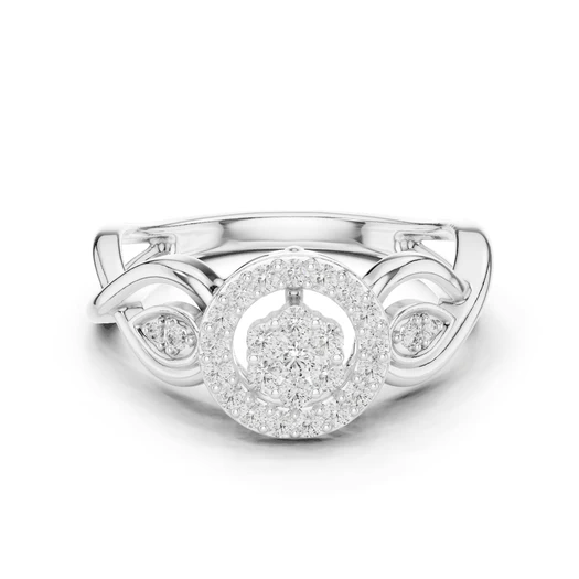 White gold radiant halo engagement ring with round center diamond and two side stones