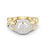 Yellow gold radiant halo engagement ring with round center diamond and side round stones