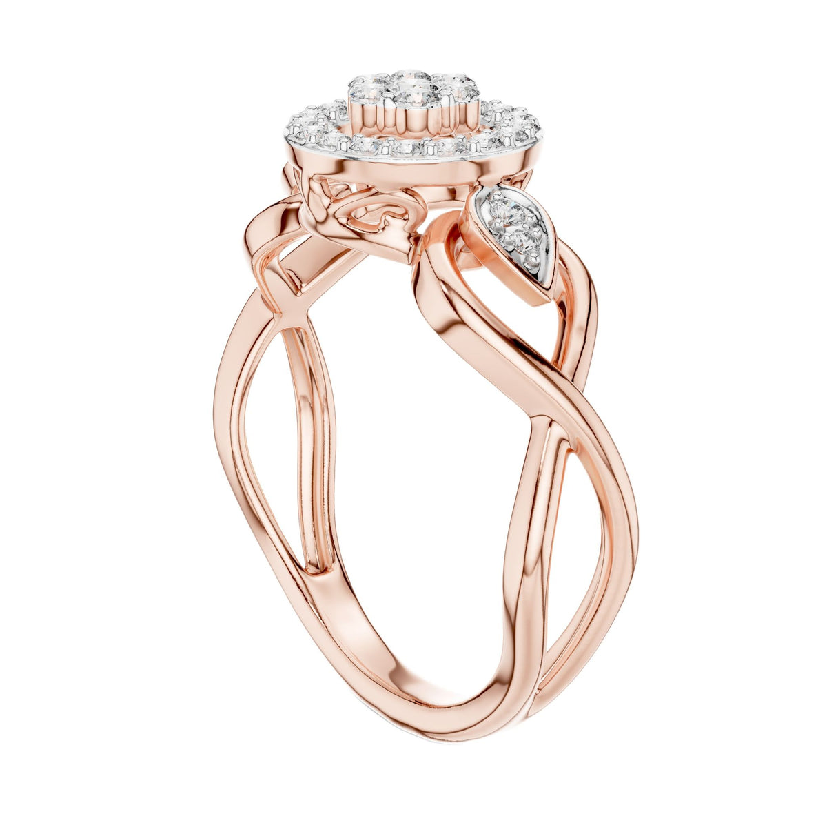 Rose gold intertwined halo engagement ring with round center and side diamond accents