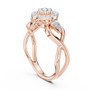 Rose gold intertwined halo engagement ring with round center and side diamond accents