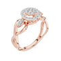 Rose gold intertwined halo engagement ring with round center stone and pavé halo