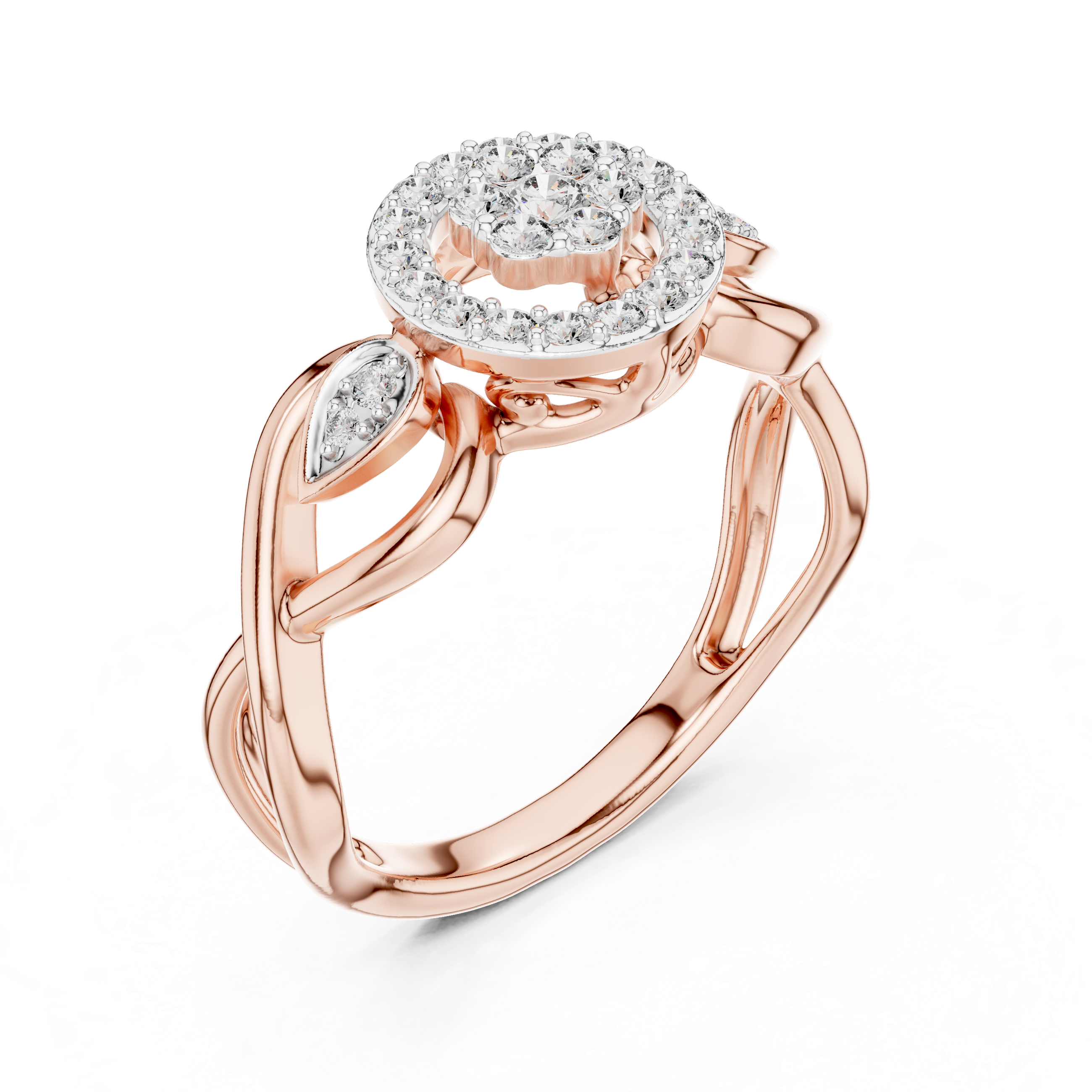Rose gold intertwined halo engagement ring with round center stone and pavé halo