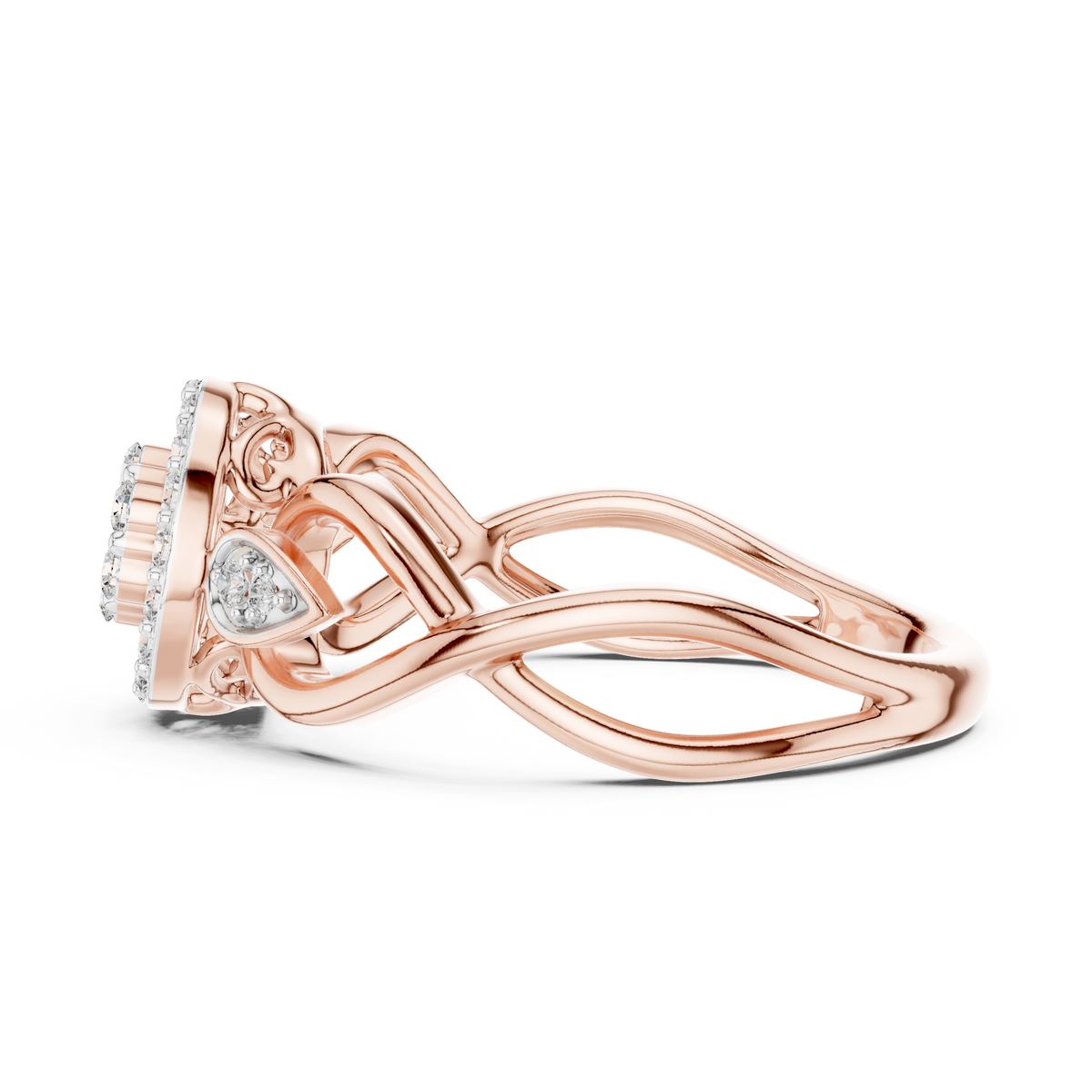 Rose gold engagement ring with intertwined bands and pavé detail around the head