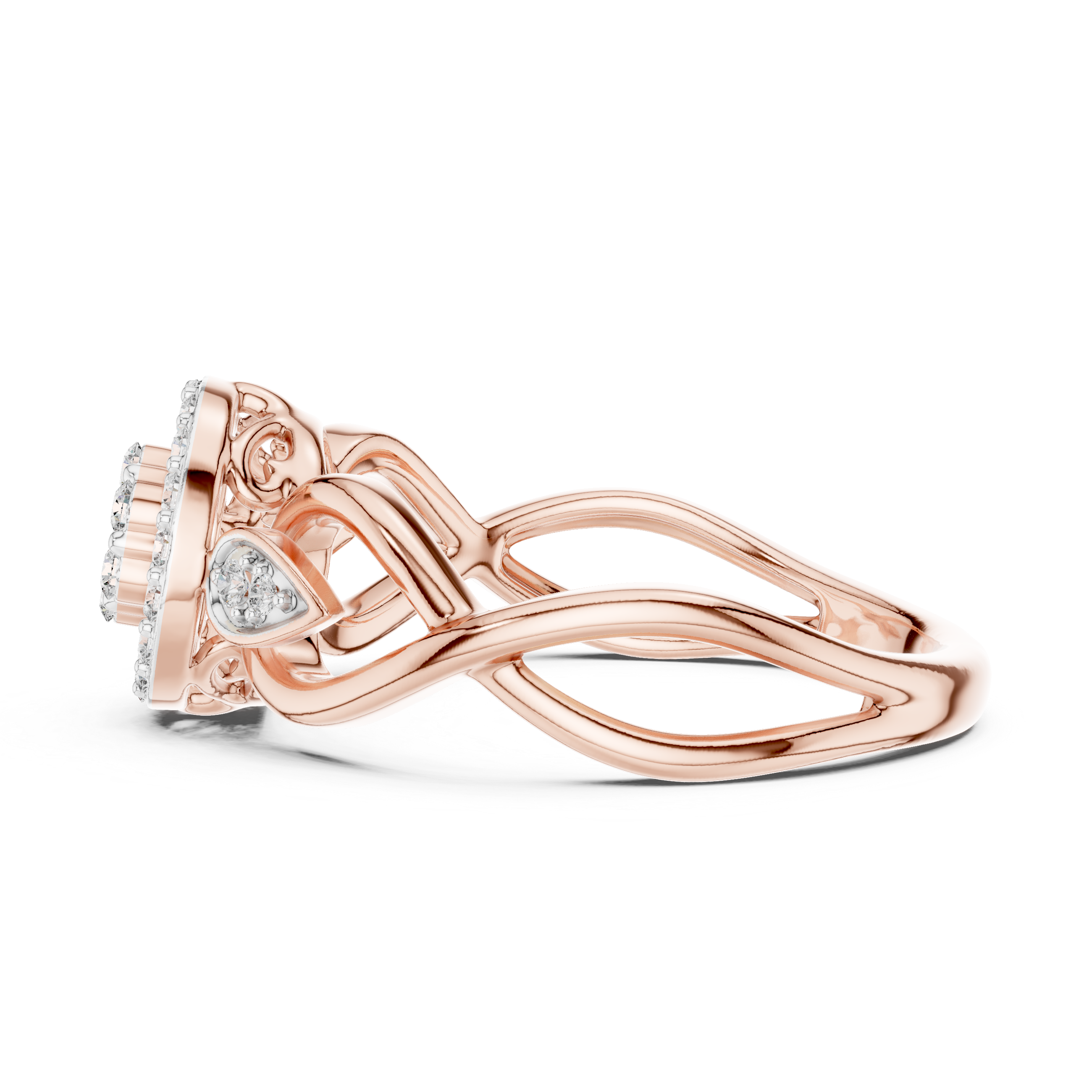 Rose gold engagement ring with intertwined bands and pavé detail around the head