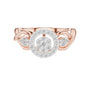 Rose gold halo engagement ring with round center stone and braided side motifs