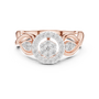 Rose gold halo engagement ring with round center stone and braided side motifs
