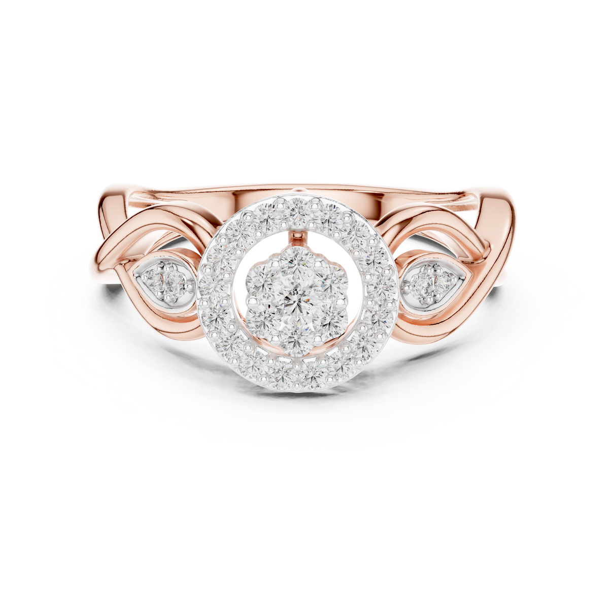 Rose gold halo engagement ring with round center stone and braided side motifs