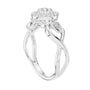 White gold intertwined halo engagement ring with round center stone and pavé halo