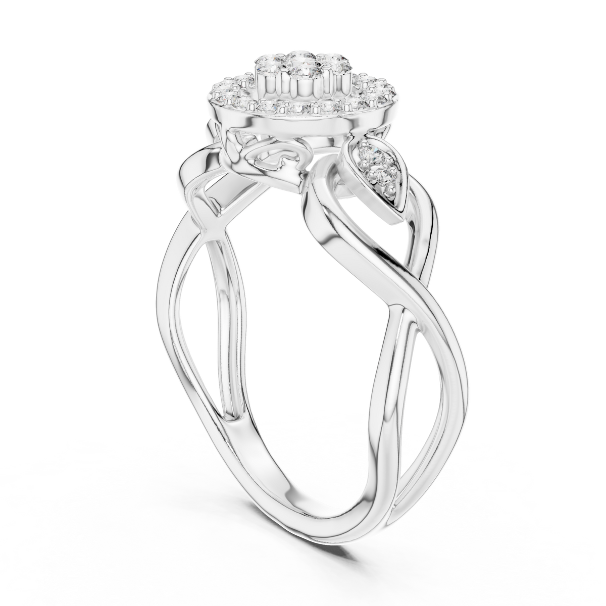 White gold intertwined halo engagement ring with round center stone and pavé halo