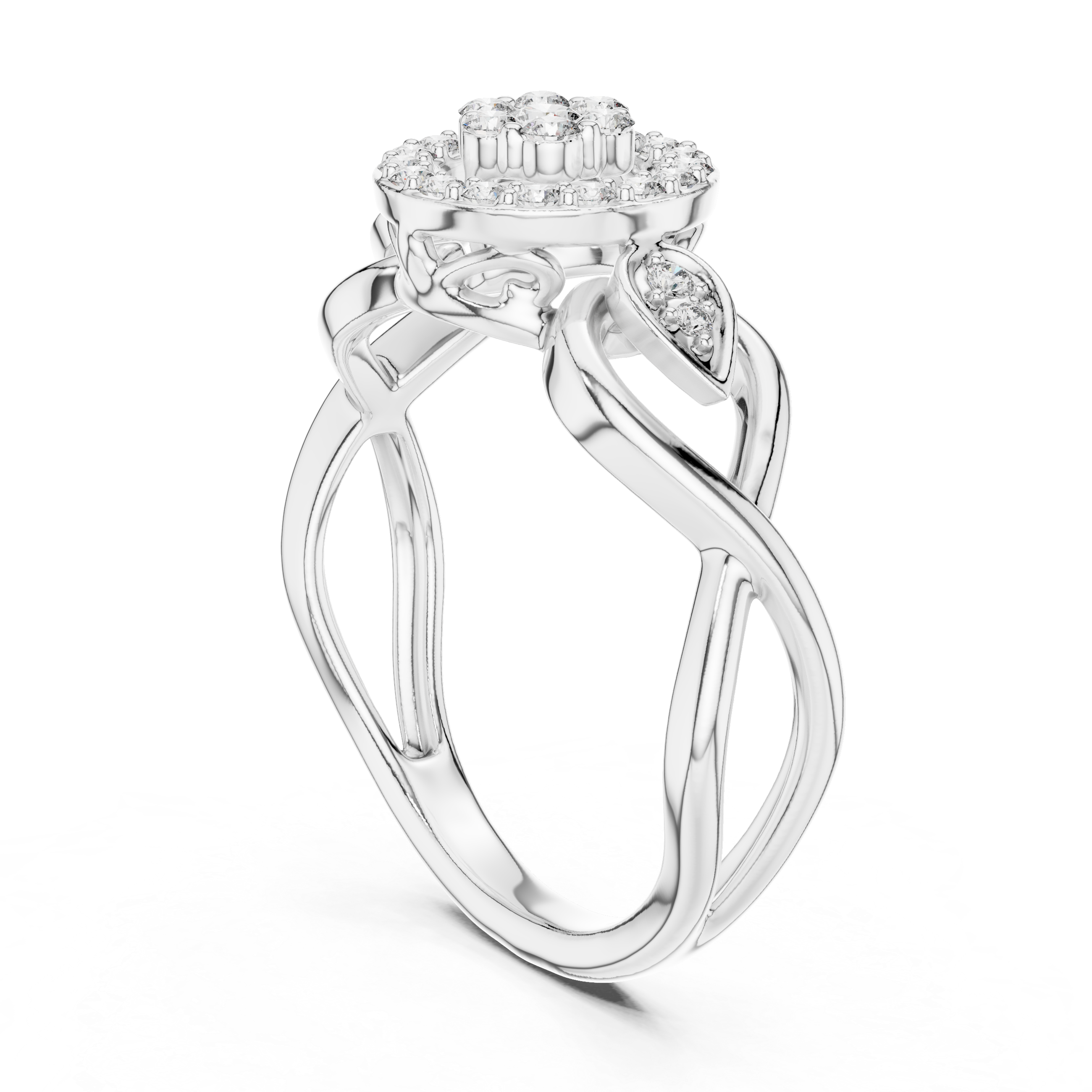 White gold intertwined halo engagement ring with round center stone and pavé halo