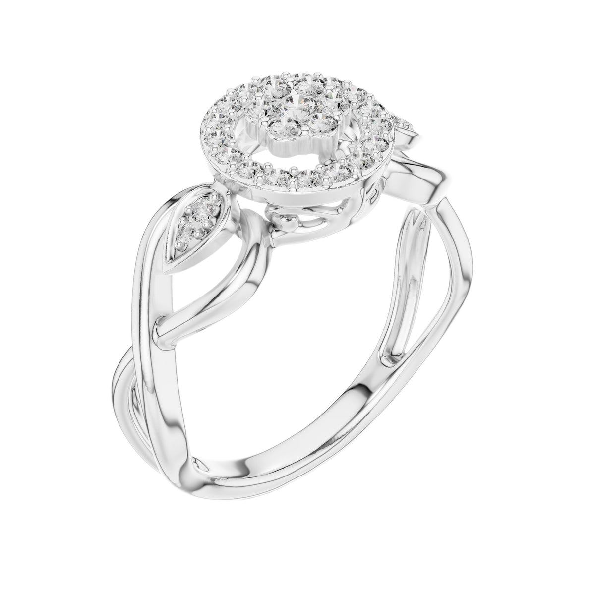 White gold intertwined halo engagement ring with round center and side stone details