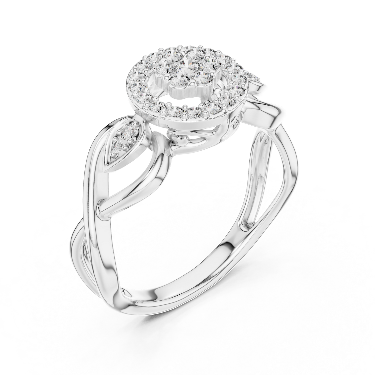White gold intertwined halo engagement ring with round center and side stone details