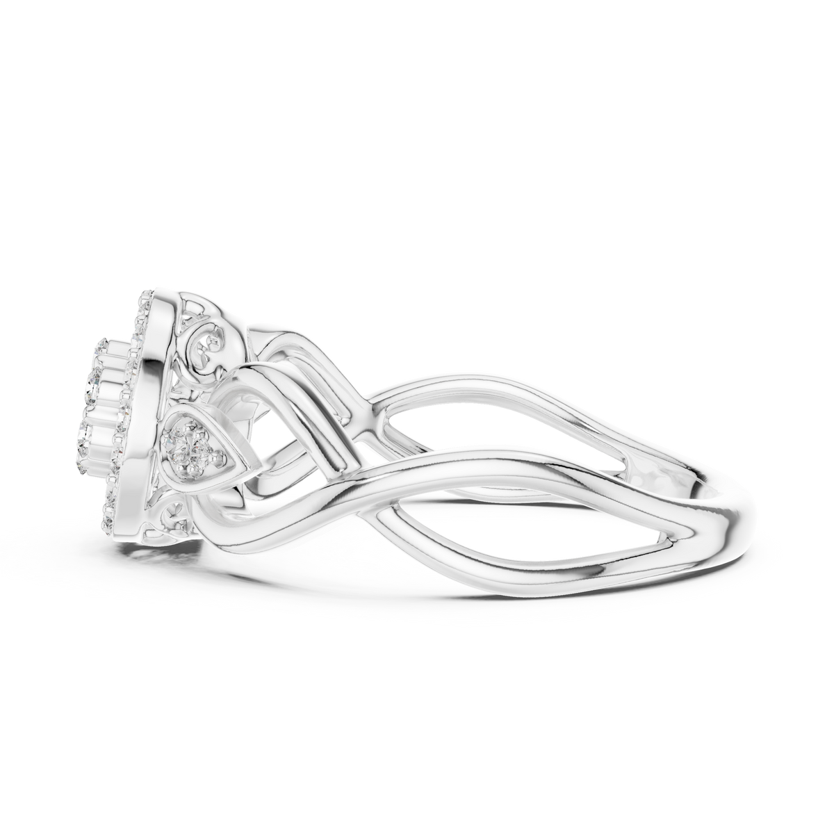 White gold engagement ring with intertwined bands and pavé stones along the head