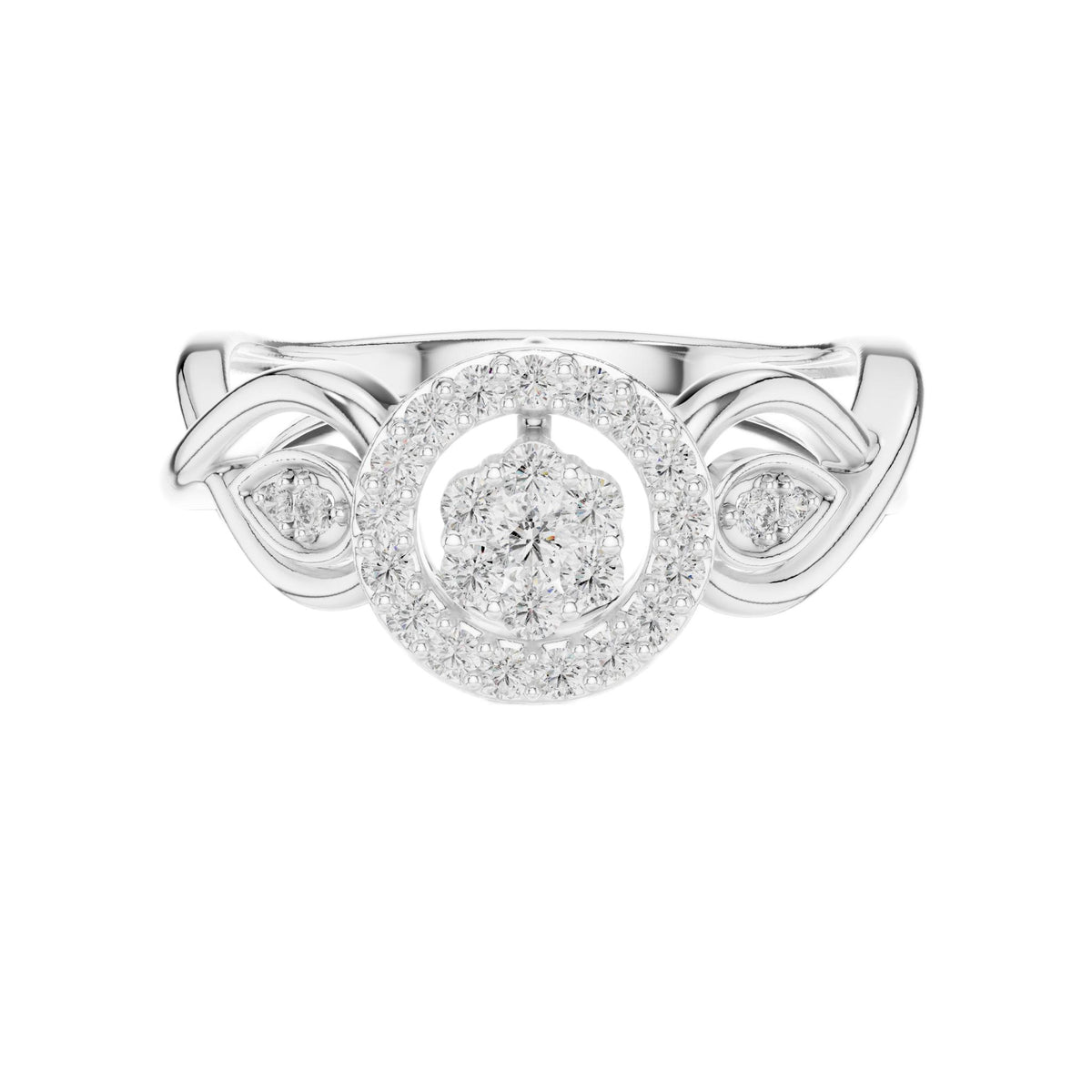 White gold halo engagement ring with round center stone and braided side accents