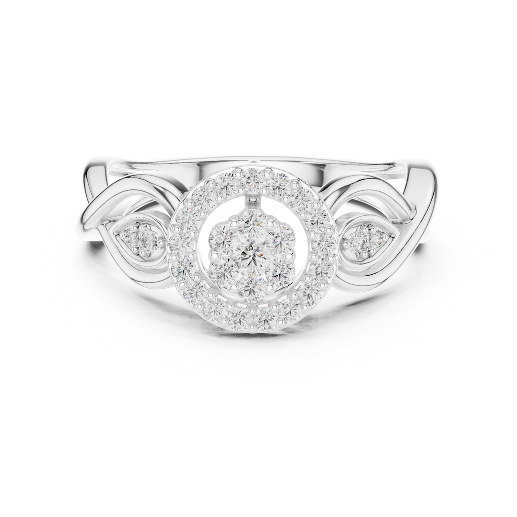 White gold halo engagement ring with round center stone and braided side accents