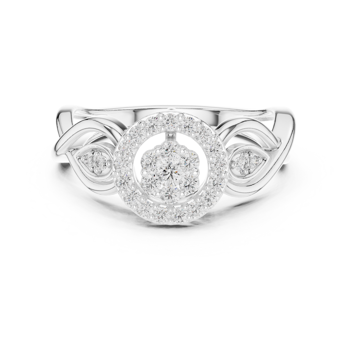 White gold halo engagement ring with round center stone and braided side accents