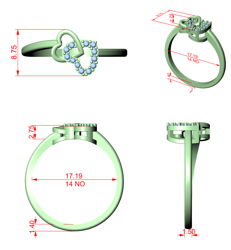 Ring design diagram with intertwined hearts and labeled measurements