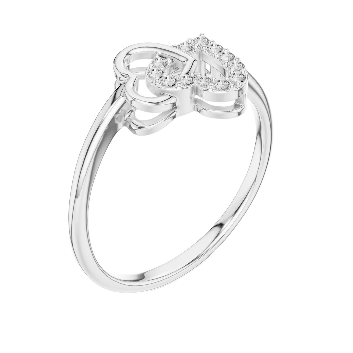 Heart-shaped diamond ring with intertwined design, white metal and raised pavé accents