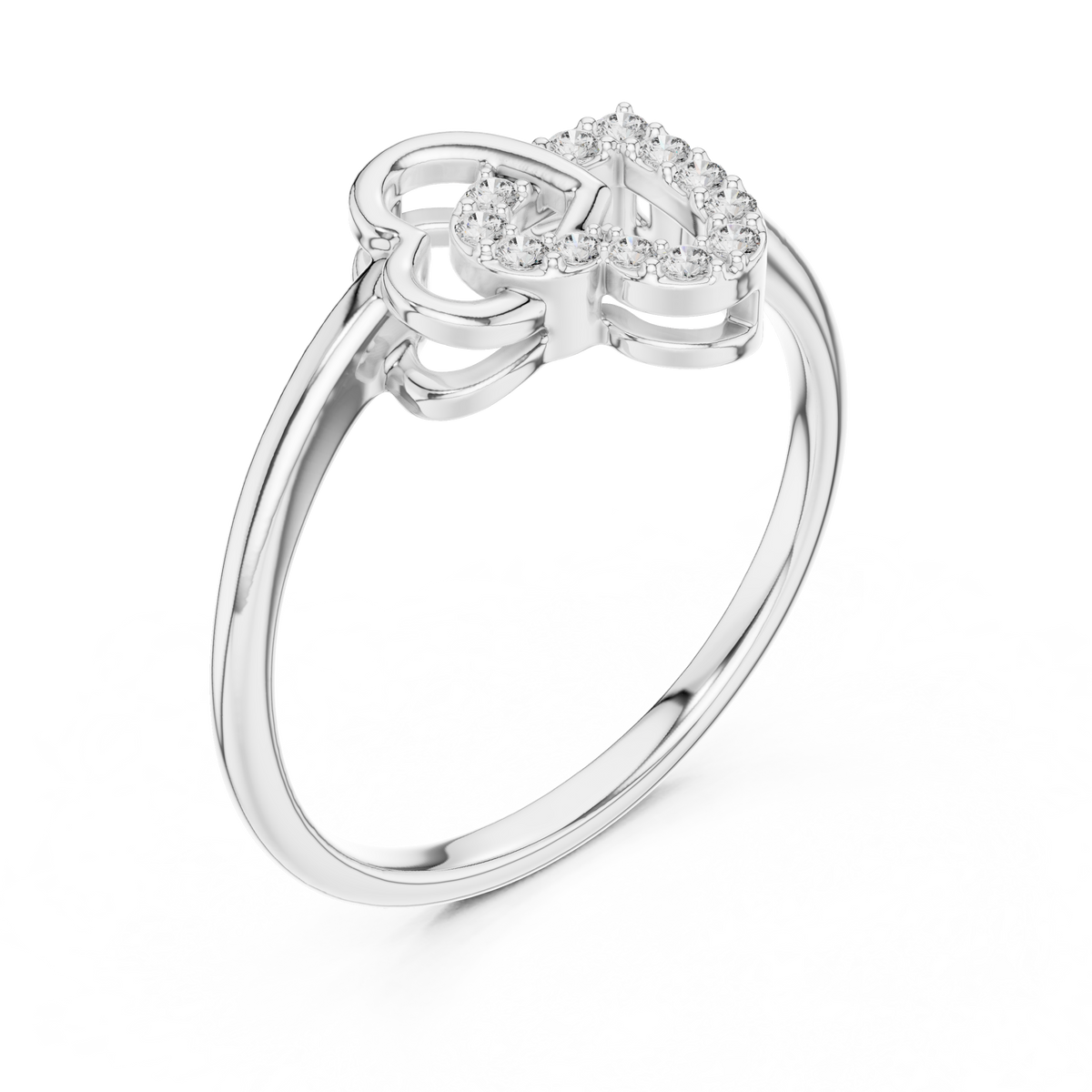 Heart-shaped diamond ring with intertwined design, white metal and raised pavé accents