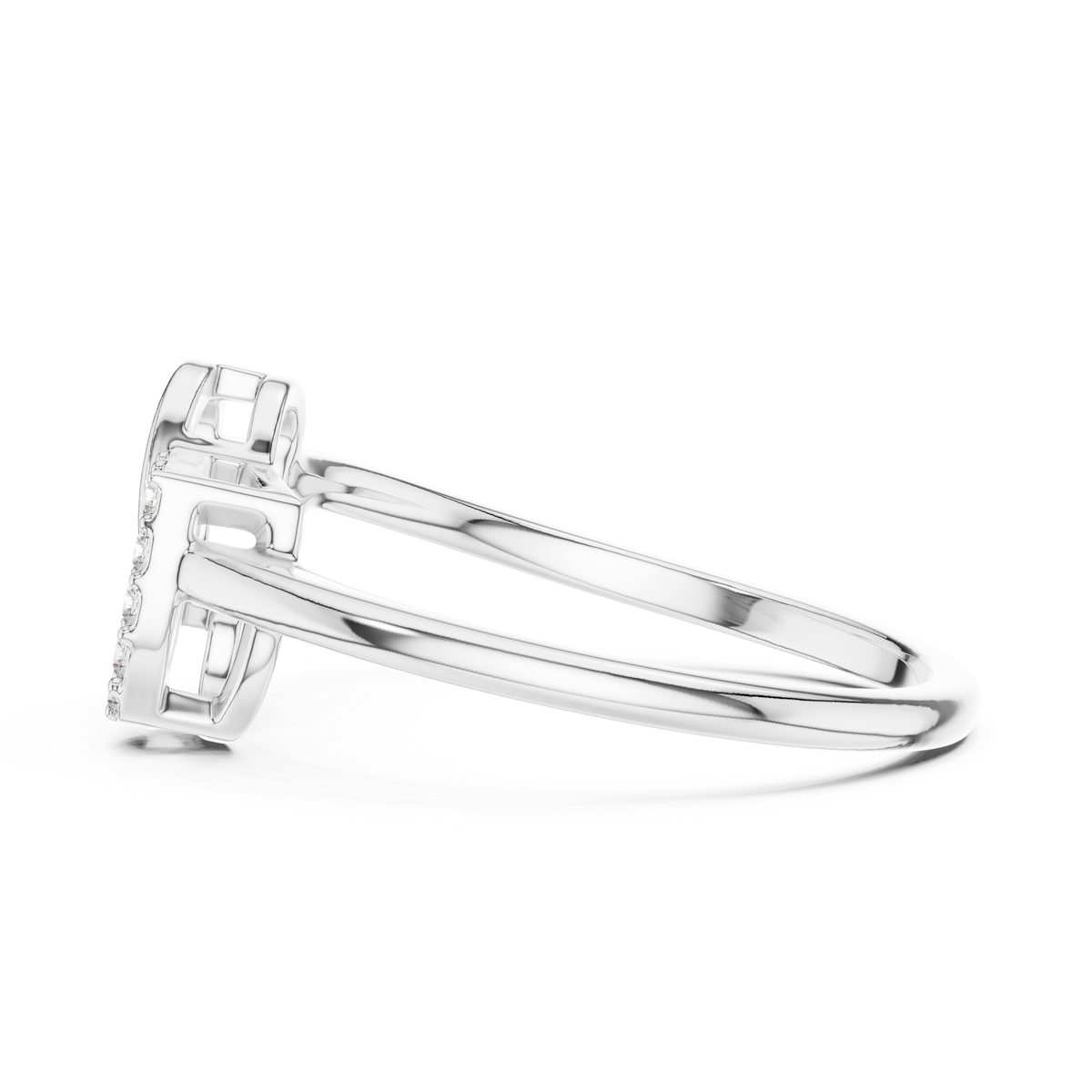 White gold diamond ring with intertwined double hearts and round stones, side angle.
