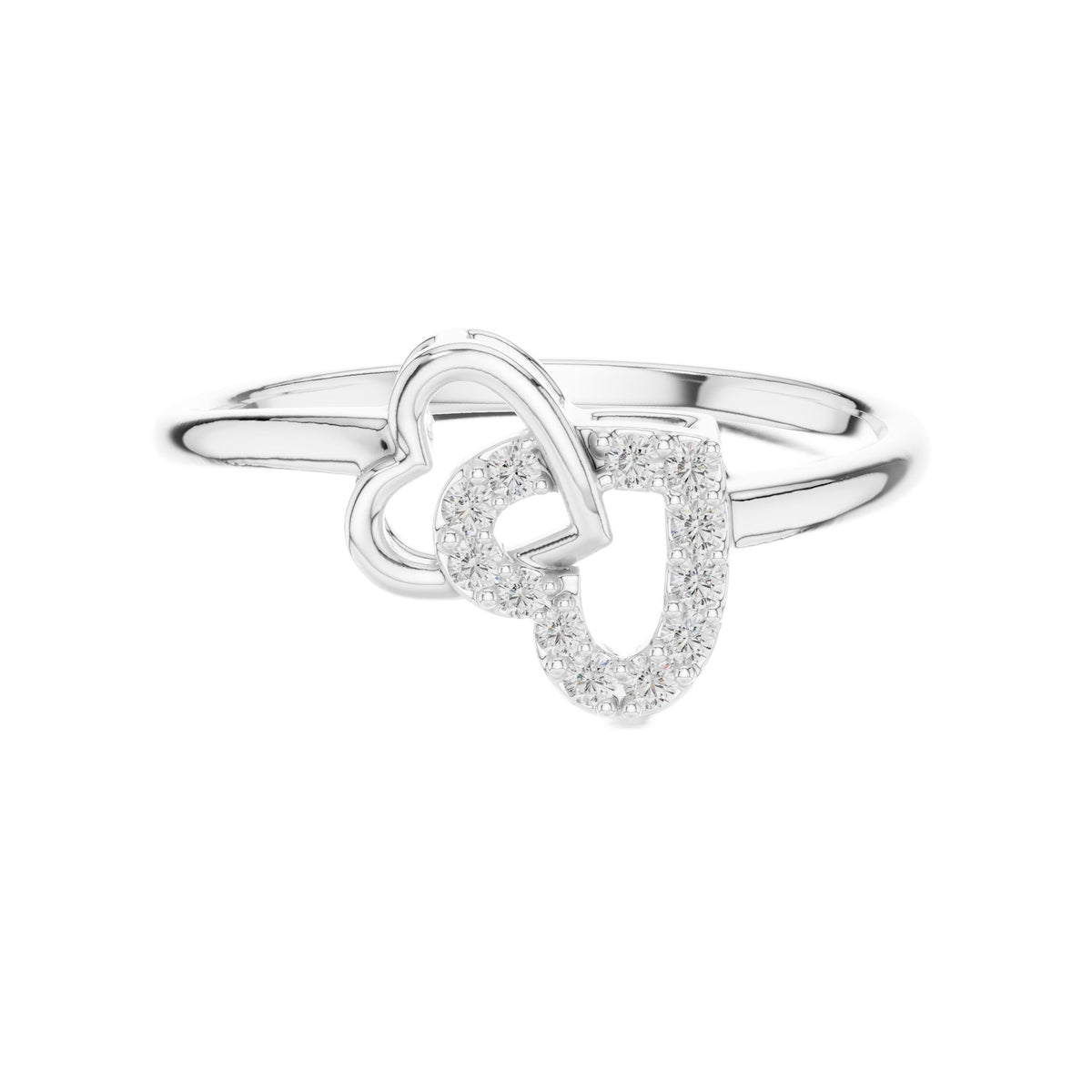 White gold diamond ring with intertwined double hearts and round stones, front view.