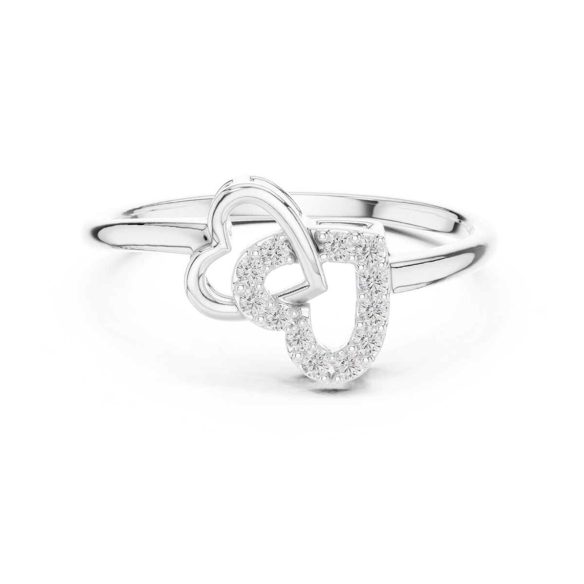White gold diamond ring with intertwined double hearts and round stones, front view.