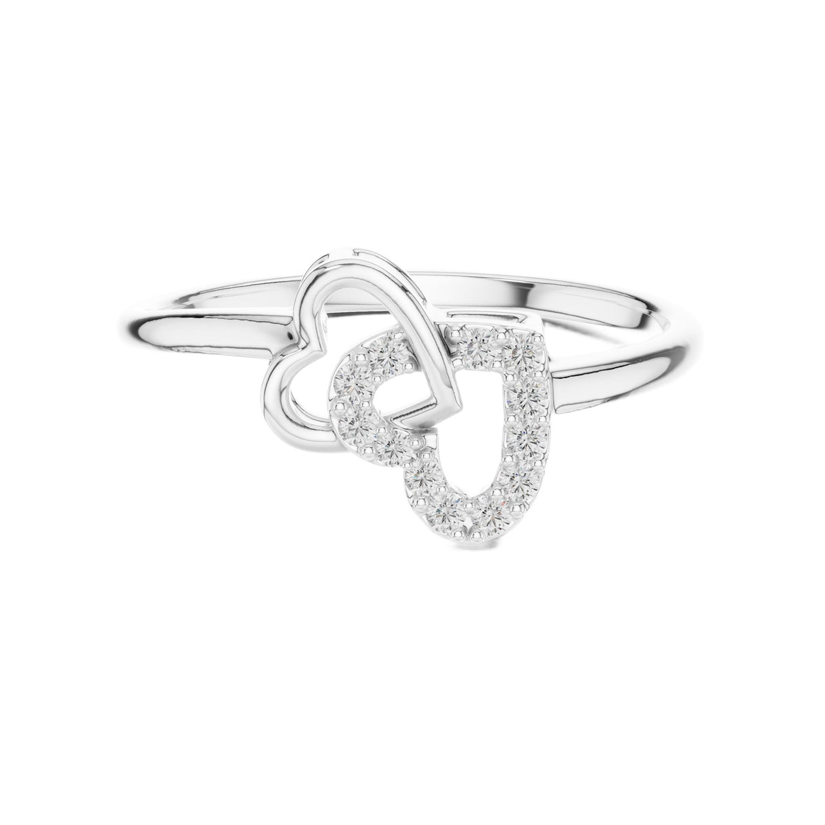 White gold diamond ring with intertwined double hearts and round stones, front view.