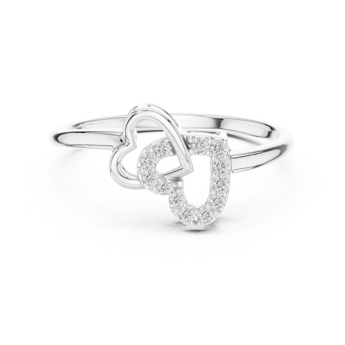 White gold diamond ring with intertwined double hearts and round stones, front view.