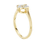 Yellow gold diamond ring with intertwined double hearts and round stones, side close view.