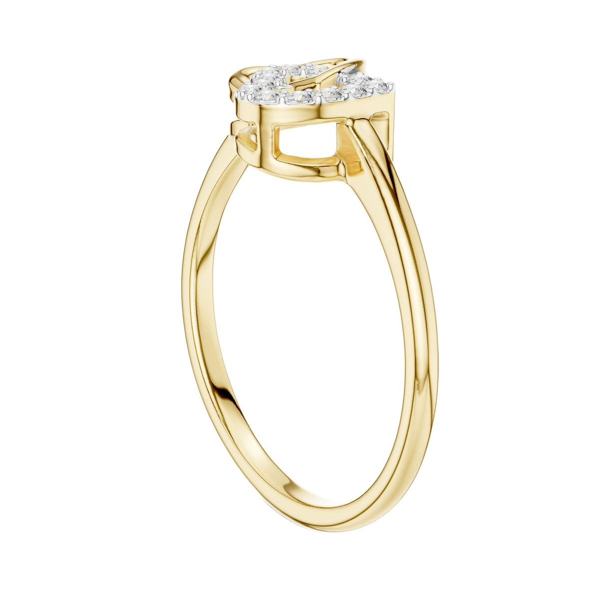 Yellow gold diamond ring with intertwined double hearts and round stones, side close view.