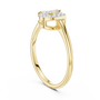 Yellow gold diamond ring with intertwined double hearts and round stones, side close view.